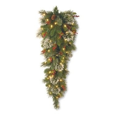 Christmas Collection National Tree Company Pre-Lit Artificial Christmas Teardrop Green Pine Cones 36 Inches Ribbon Decorated with Red Ball Ornaments Evergreen White Lights Berry Clusters 
